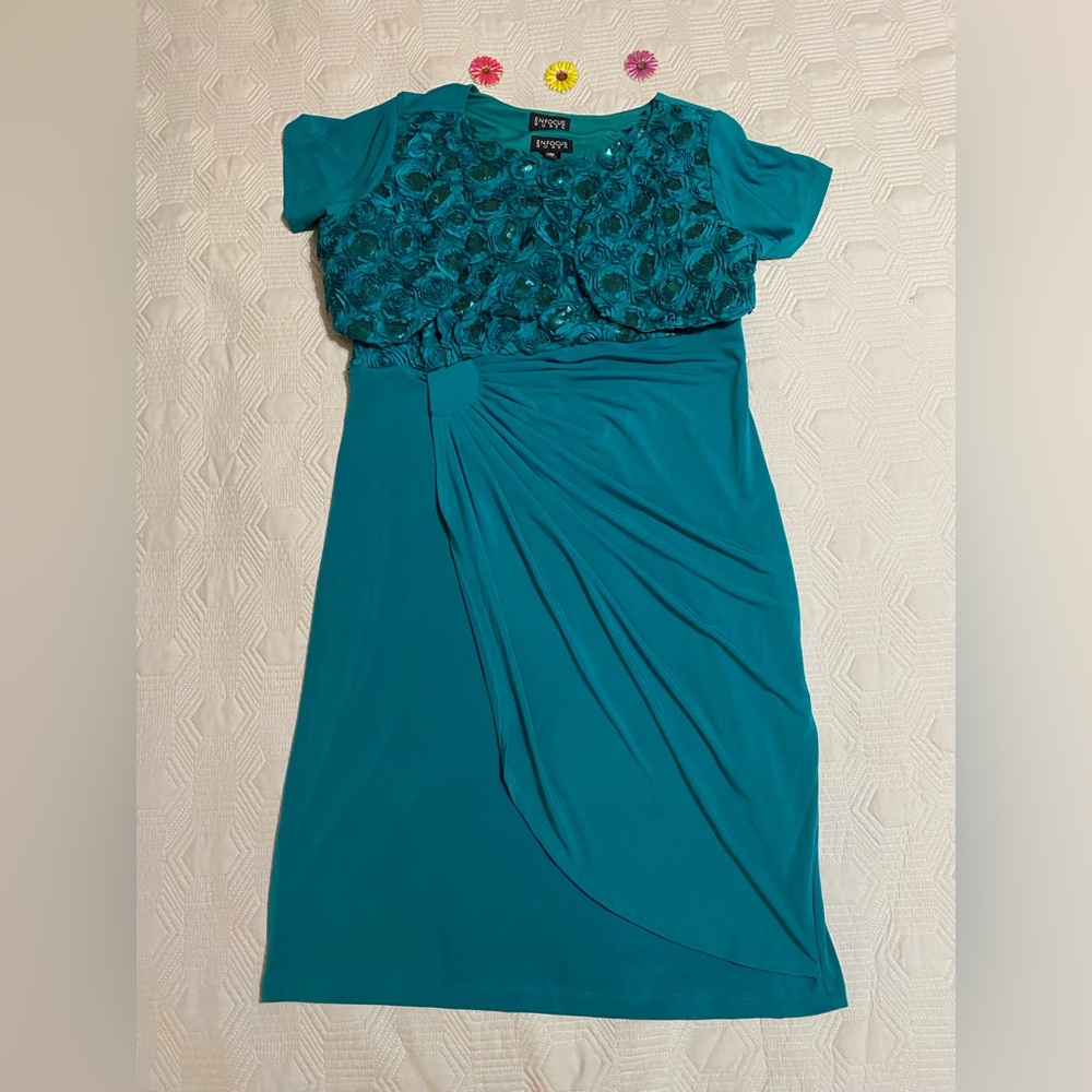 Teal Short Sleeve Dress with Floral Detail Size 14W Enfocus Women